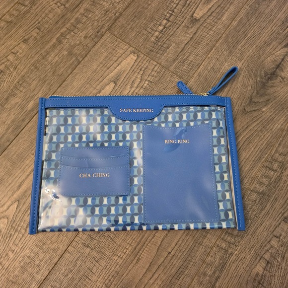 Handbags - Safe Keeping Blue Leather Clear PVC Zipper Pouch Travel Clutch